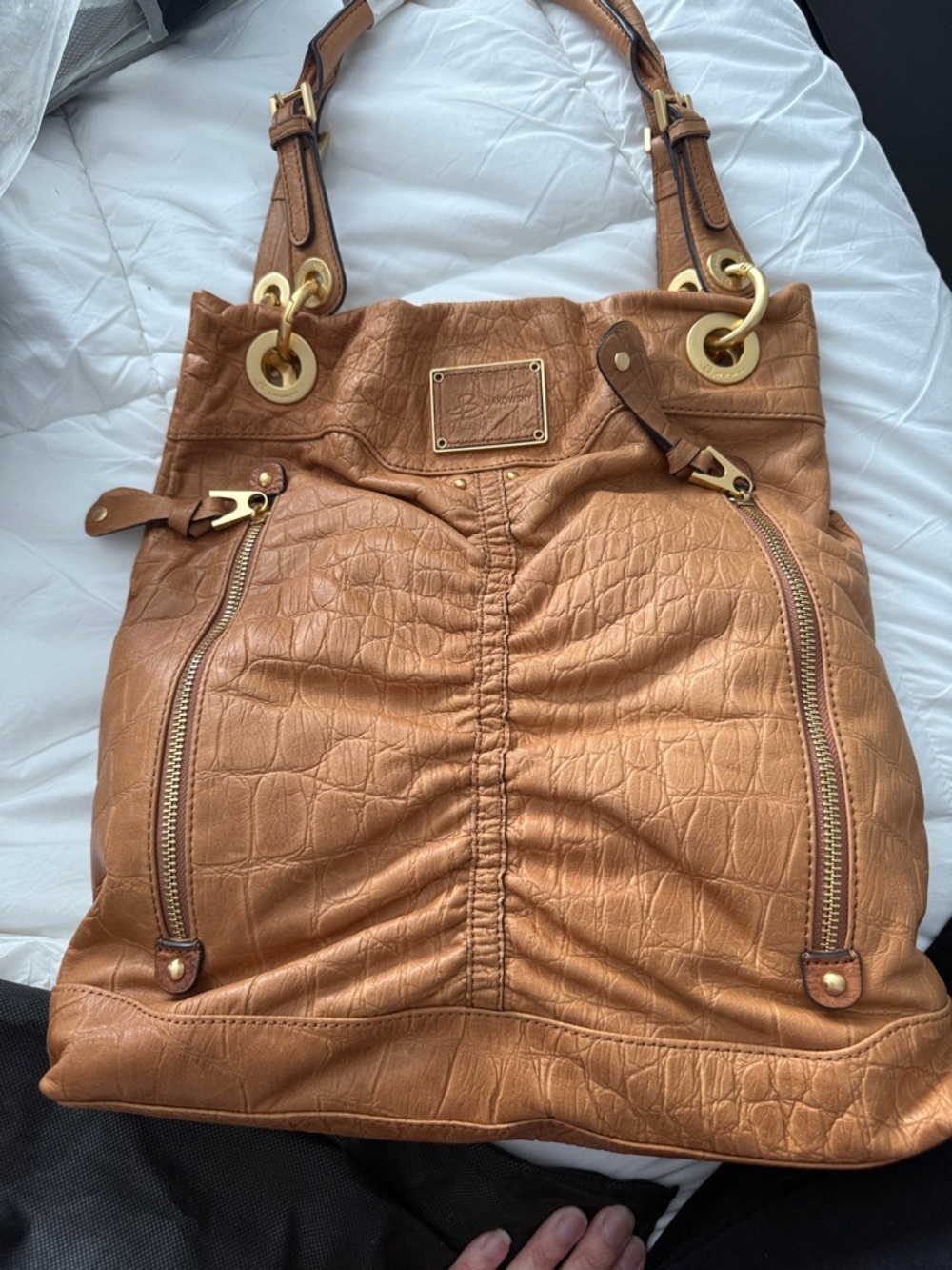 Tan Croc-Embossed Leather Tote Bag with Gold Hardware